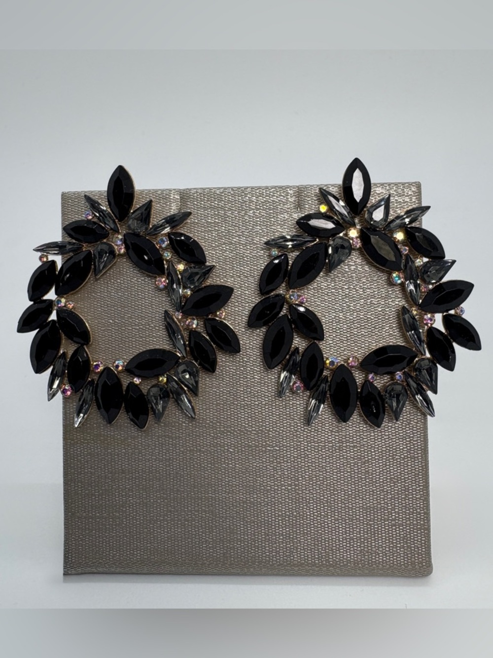 Black AB Crystal Wreath Circle Bridal Prom Pageant Earrings in Gold Tone